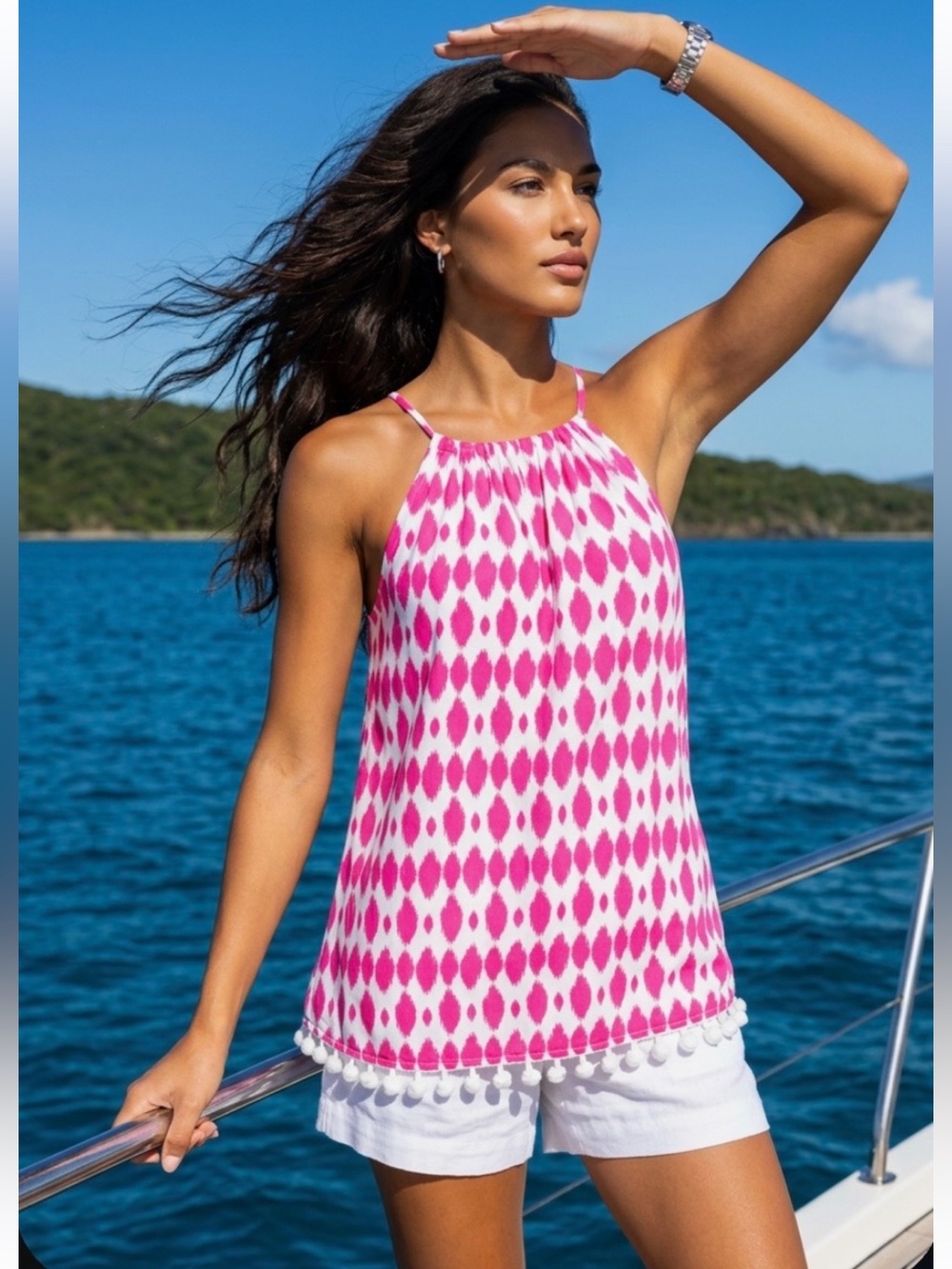 JUDE CONNALLY DAPHNE Tank Top Blouse Shirt Pom Pom Hem Pink White Geo Halter